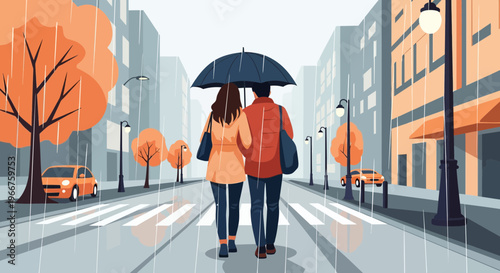 A loving couple shares an umbrella while walking together on a rainy city street