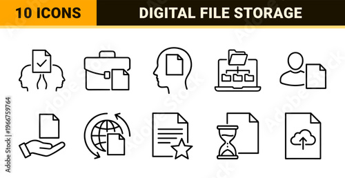 Minimalist Document Management Line Icons for Office Administration and Corporate Workflow Automation in Ultra-Thin Geometric Outline Style