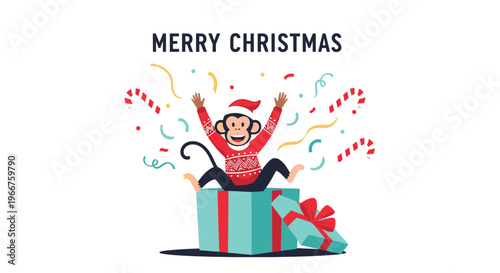 Joyful monkey wearing a santa hat and sweater jumping out of a gift box with confetti and candy canes around.