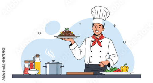 Professional chef in white uniform and hat holding a gourmet meat dish in a kitchen setting with fresh ingredients.