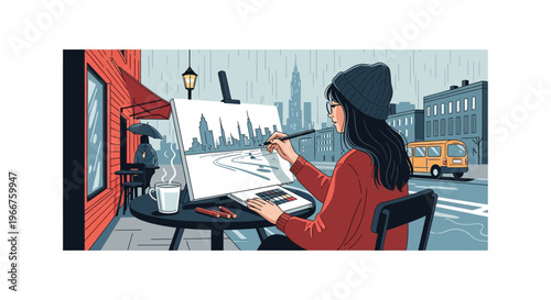 Artist sketches rainy cityscape from outdoor cafe table