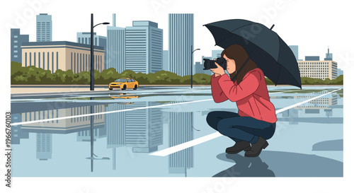 Woman with umbrella photographing city street in the rain, capturing urban reflections