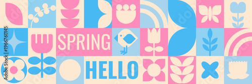 Hello Spring pastel mosaic layout featuring welcoming message and decorative elements banner