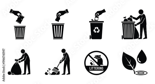 Pictograms illustrating proper waste disposal and environmental responsibility