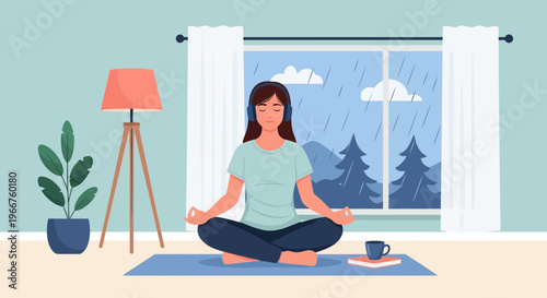 Woman with headphones meditating in lotus pose indoors while listening to rain outside the window