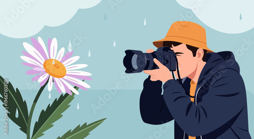 Photographer in hat captures close-up of flower with raindrops falling, a moment of nature's beauty