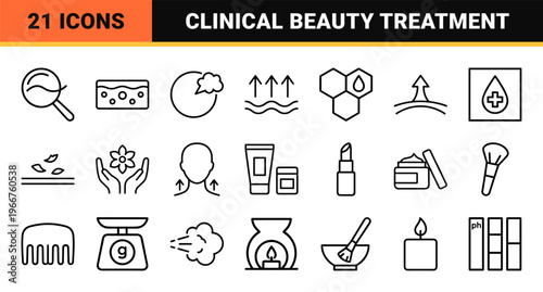 Dermatology and Skincare Science Minimalist Monoline Icon Set featuring Cosmetic Chemistry and Beauty Therapy Line Art Symbols.