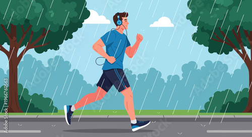Active man jogging with headphones in the rain, showing determination and fitness