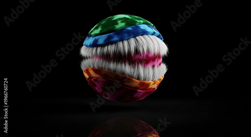 Colorful, fluffy ball floating against a dark background.