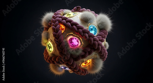 Abstract, fluffy, jewel-covered sphere with intricate, braided textures.