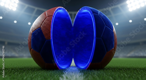 Football, glowing blue, stadium background, nighttime sports imagery