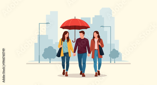 Couple walking together under red umbrella in rainy city street with buildings and trees