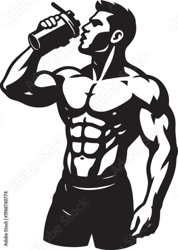 Muscular man drinking from shaker, strong athletic body, fitness and healthy lifestyle.