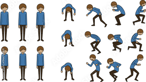 Cartoon vector illustration of human running motion sequence with standing, crouching, and sprinting poses, symbolizing biomechanics, animation frames, and physical activity themes