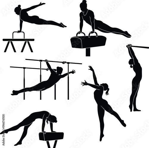 Gymnastics silhouettes, athletes performing routines, pommel horse, parallel bars, horizontal bar, floor exercise, balance beam, strength, flexibility, sports, competition, flat vector illustration