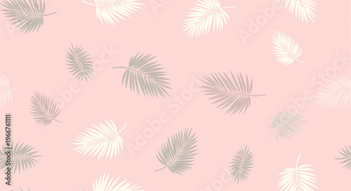 Soft and airy seamless pattern of palm leaves in grey and white on a pastel pink background for feminine designs.