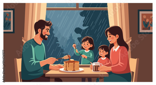 Family enjoying pancakes together indoors on a cozy rainy day, creating warm breakfast memories