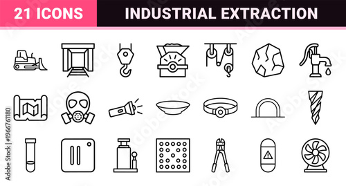 Subterranean Resource Extraction and Industrial Mining Minimalist Monoline Outline Symbols for Technical Documentation and Engineering.