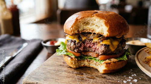 Tableau sur toile Close-up of a juicy bitten cheeseburger on a rustic wooden board