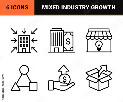 Corporate Diversity and Business Miscellany Minimalist Monoline Outline Set, Geometric Line Art for Enterprise Variety and Mixed Industries.