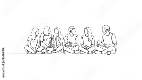 Continuous line drawing of people sitting together.
