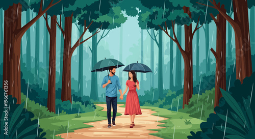 Couple holding hands and walking with umbrellas on a forest trail during a rainy day