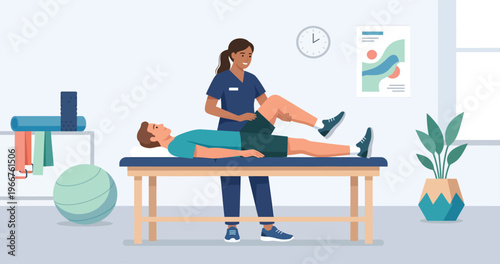 Physical therapist assisting male patient with leg exercise.