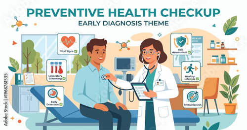 Doctor performing a preventive health checkup on a male patient in a clinic.