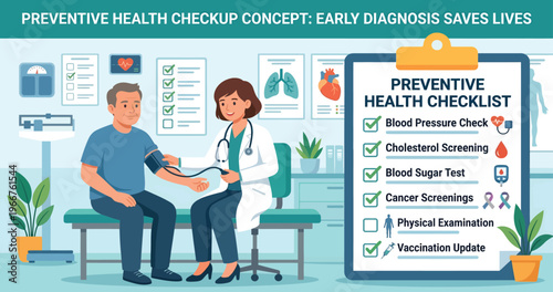 Doctor checking male patients blood pressure during a preventive health checkup.