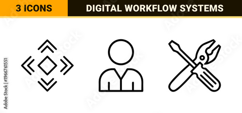 Modern Business Technology and Corporate Wellness Icon Set featuring Minimalist Geometric Line Art for Digital Productivity Management.