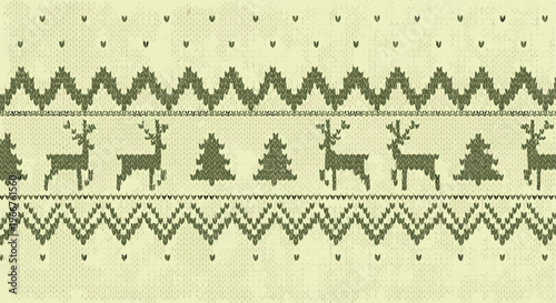 Green knitted winter pattern featuring silhouettes of reindeer and pine trees in a traditional scandinavian sweater style.