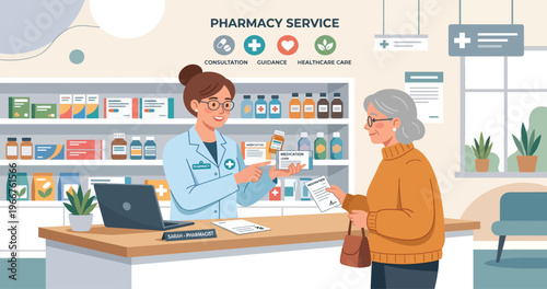 Pharmacist assisting an elderly woman with medication at a pharmacy counter.