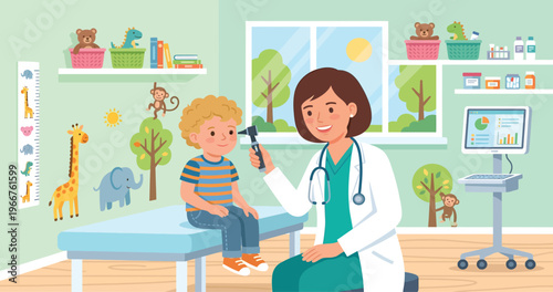 Female doctor examining a young boys ear with an otoscope.