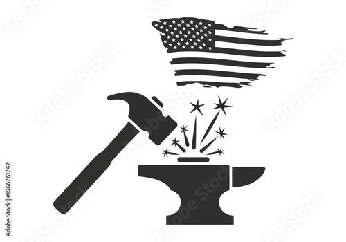 Hammer striking anvil with american flag and sparks industrial forge metalwork blacksmithing.