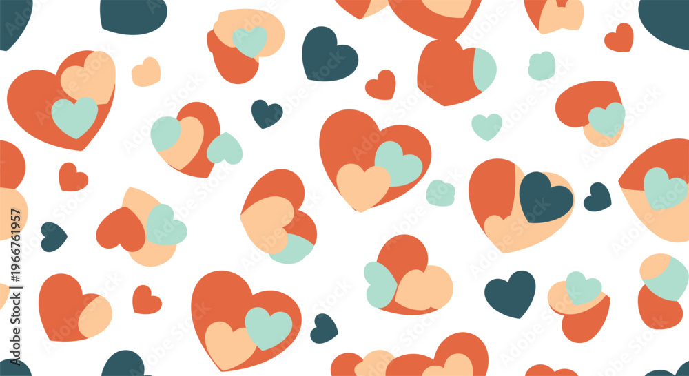 Fototapeta premium Colorful heart pattern background with various sizes of red blue and peach hearts on a clean white backdrop.