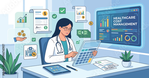Female doctor managing healthcare costs with calculator and computer.