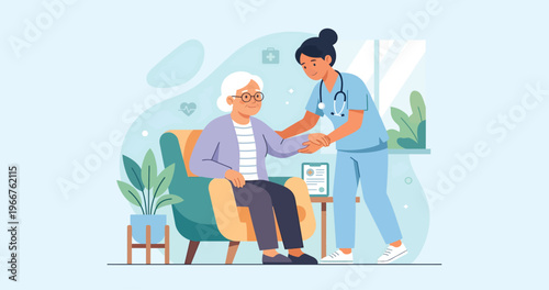 Nurse assisting an elderly woman in a comfortable setting.