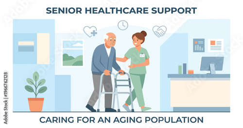 Nurse assisting an elderly man with a walker in a healthcare setting.