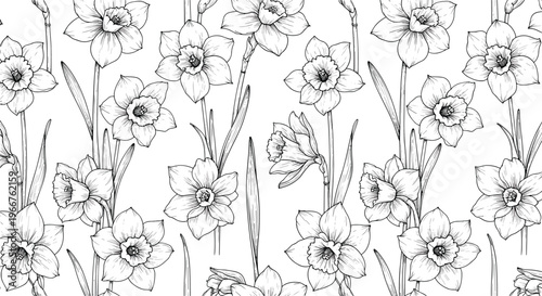 Hand drawn black and white floral pattern featuring detailed sketches of spring daffodils and narcissus blossoms.