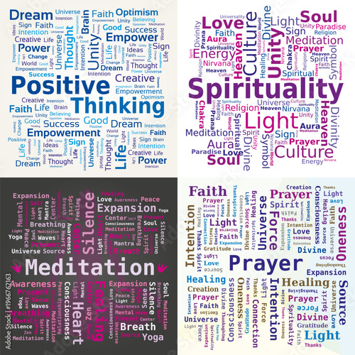 Ensemble de 4 Nuages de mots - Spiritualité, Pensée Positive, Méditation et Prière - Vecteur