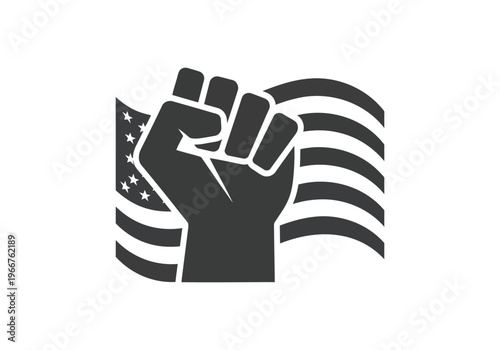 Raised fist in front of waving american flag for social justice and civil rights concept.