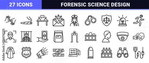 Forensic Science and Criminal Justice Geometric Line Art Set. Minimalist Monoline Symbols for Law Enforcement and Legal Systems.