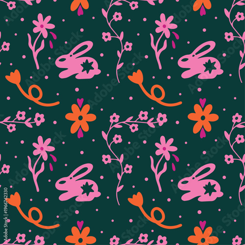 Abstract spring boho seamless vector pattern design with illustration of magical folk easter bunny, exotic flowers, funky plants, whimsical silhouettes, bohemian summer aesthetic for branding