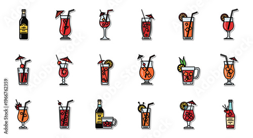 Comprehensive set of cocktail icons featuring various types of alcoholic beverages in different glasses with garnishes.