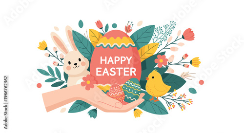 Happy easter illustration with a cute rabbit chick colorful eggs and spring flowers held in a gentle human hand.