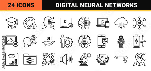 Artificial Intelligence and Machine Learning Geometric Line Art Set featuring Neural Networks, Robotic Automation, and Digital Transformation.