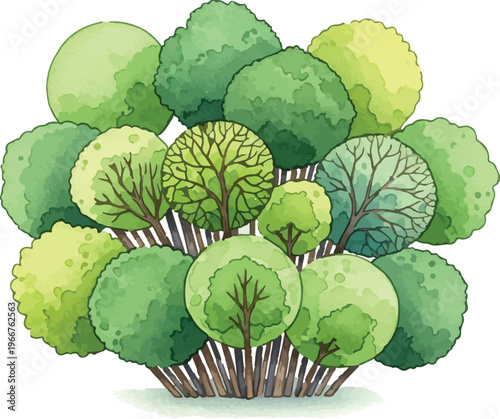 Watercolor green trees collection, hand drawn garden shrubs and bushes vector, lush forest foliage set for landscape design and architectural site plans