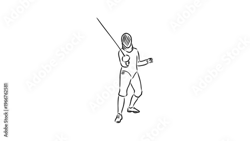 A minimalist line art illustration of a fencer in action with a sword