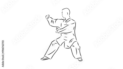A minimalist vector illustration of a man practicing martial arts in a fighting stance