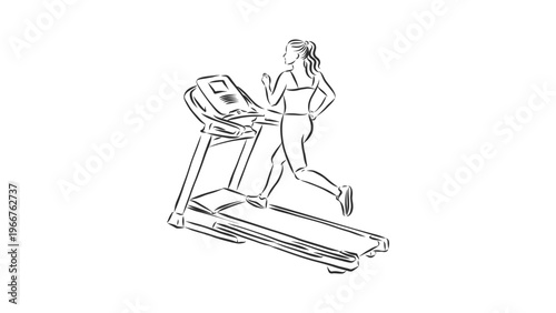 A woman running on a treadmill in a minimalist line art style